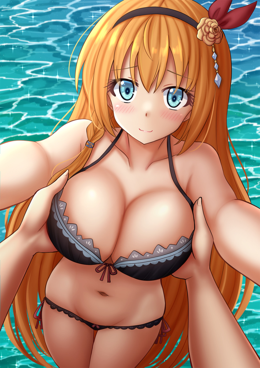 1girl bangs bare_shoulders bikini black_bikini black_hairband blue_eyes blush breast_grab breasts closed_mouth collarbone commentary day eyebrows_visible_through_hair flower front-tie_bikini front-tie_top grabbing groin hair_between_eyes hair_ribbon hairband highres kazenokaze large_breasts looking_at_viewer navel orange_hair outdoors outstretched_arms pecorine_(princess_connect!) princess_connect! princess_connect!_re:dive reaching_out red_ribbon ribbon romaji_commentary rose side-tie_bikini smile solo_focus sparkle swimsuit thigh_gap water yellow_flower yellow_rose