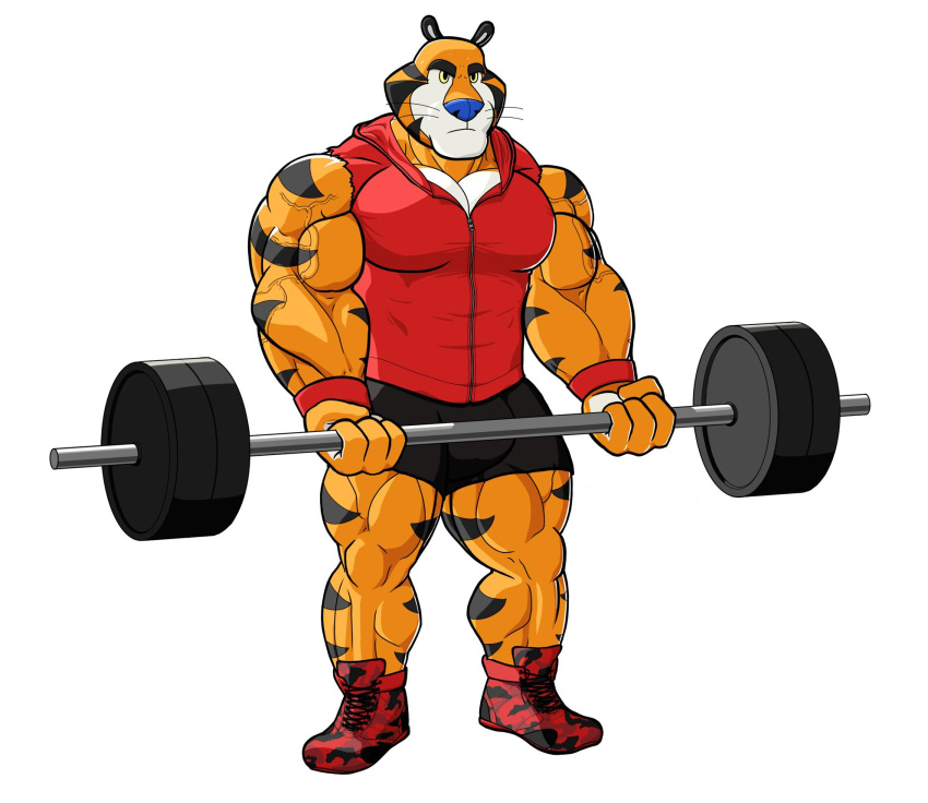 2019 anthro barbell biceps big_muscles bottomwear clothing exercise felid footwear frosted_flakes hi_res hoodie huge_muscles kellogg's male mammal mascot muscular muscular_anthro muscular_male nanbuskhan pantherine pecs quads shoes shorts simple_background sleeveless_hoodie solo standing tiger tony_the_tiger topwear vein veiny_muscles weightlifting white_background workout