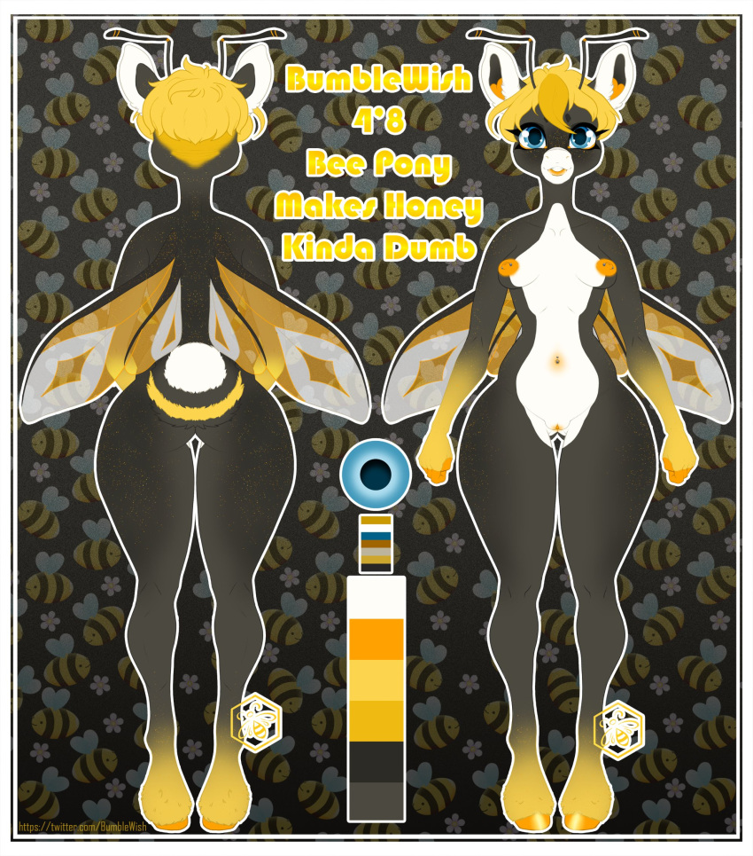 anthro arthropod bee black_body blonde_hair bumble_(bumblewish) bumblewish_(artist) equid equine female glitter hair hasbro hi_res hooves horse hymenopteran insect mammal model_sheet my_little_pony pony solo white_body white_muzzle wings