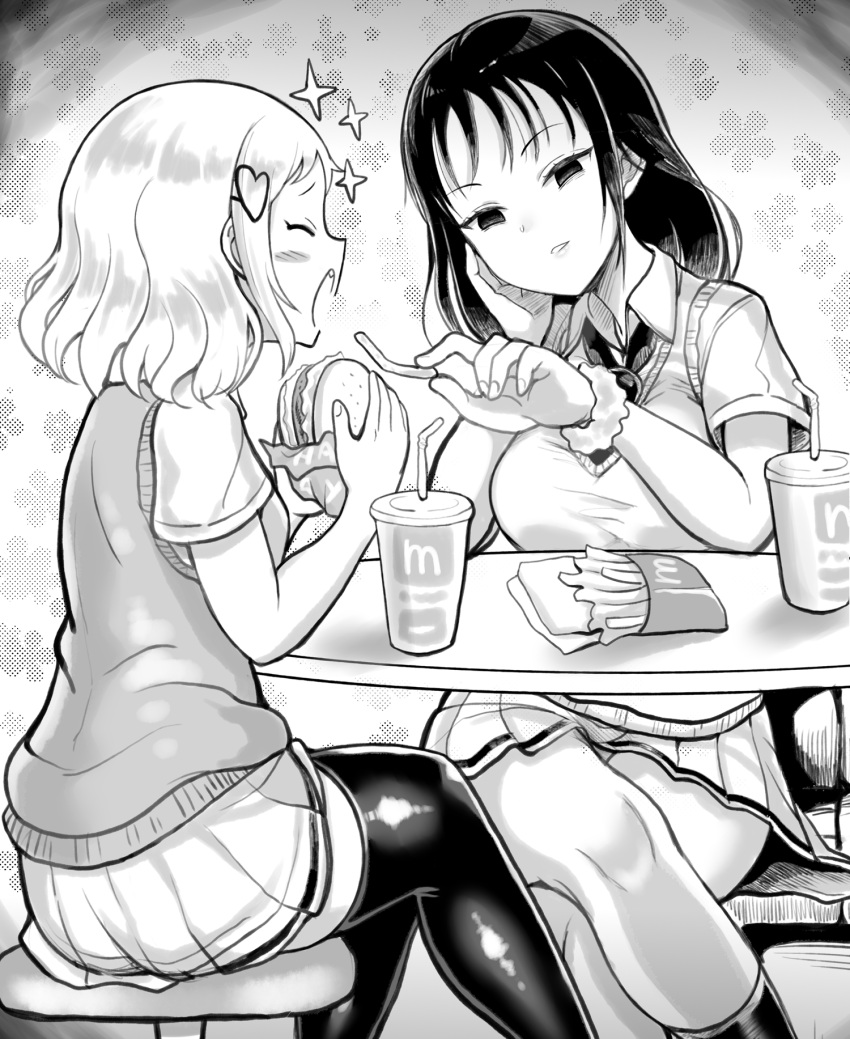 2girls bangs blush_stickers breasts closed_eyes collared_shirt commentary_request crossed_legs cup disposable_cup drinking_straw facing_another fang fast_food feeding fingernails food french_fries greyscale hair_ornament halftone hamburger hand_on_own_cheek hand_on_own_face hand_up hands_up heart heart_hair_ornament highres holding holding_food kneehighs large_breasts long_hair looking_at_another loose_necktie mcdonald's minami_koharu monochrome multiple_girls necktie open_mouth parted_lips pleated_skirt sachi_(watamote) school_uniform shirt short_hair short_sleeves sitting sketch skirt small_breasts smile sparkle spoilers stool straight_hair sweater_vest table thick_thighs thighhighs thighs tomato_cyuki watashi_ga_motenai_no_wa_dou_kangaetemo_omaera_ga_warui! wavy_hair