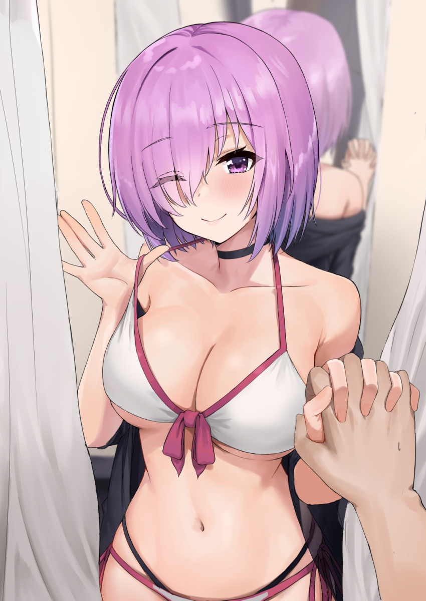 1boy 1girl ayul_(ayulneri_92) bangs bare_shoulders bikini black_choker blush breasts choker cleavage closed_mouth collarbone eyebrows_visible_through_hair fate/grand_order fate_(series) front-tie_bikini front-tie_top hair_over_one_eye halterneck highres holding_hands interlocked_fingers large_breasts light_purple_hair looking_at_viewer mash_kyrielight navel one_eye_closed pov purple_eyes purple_hair short_hair side-tie_bikini smile solo_focus strap_pull swimsuit swimsuit_of_perpetual_summer swimwear white_bikini