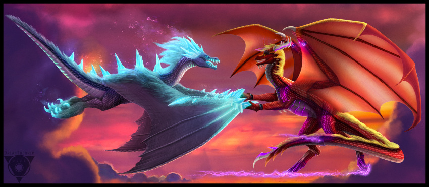 2021 ambiguous_gender black_border border claws day detailed_background digital_media_(artwork) dragon duo feral glacierdragoon hi_res horn membrane_(anatomy) membranous_wings outside scales scalie sky spines western_dragon wings wyvern
