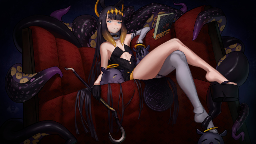 1girl :&lt; ao-chan_(ninomae_ina'nis) bangs black_gloves blue_eyes blunt_bangs commentary couch crossed_legs crowbar detached_sleeves dress english_commentary femdom floating floating_book floating_object gloves halo headpiece highres hololive hololive_english kalle_nordfors long_hair looking_at_viewer ninomae_ina'nis octopus okobo pointy_ears purple_hair single_sleeve single_thighhigh sitting smile smug solo tako_(ninomae_ina'nis) tentacle_hair tentacles thighhighs virtual_youtuber white_legwear