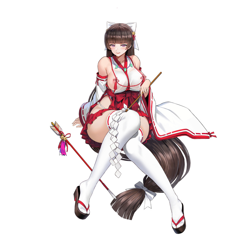 1girl :p areola_slip areolae bangs bow breasts brown_hair detached_sleeves eyebrows_visible_through_hair full_body fundoshi gohei hair_bow hair_ribbon hakama hakama_skirt heart heart-shaped_pupils highres hime_cut japanese_clothes jewelry kimono large_breasts last_origin licking_lips long_hair looking_at_viewer low-tied_long_hair magatama magatama_necklace miko necklace official_art purple_eyes red_hakama ribbon ribbon-trimmed_sleeves ribbon_trim shirayuri_(last_origin) sitting smile solo symbol-shaped_pupils tabi taesi thighhighs tongue tongue_out transparent_background very_long_hair white_kimono white_legwear wide_sleeves