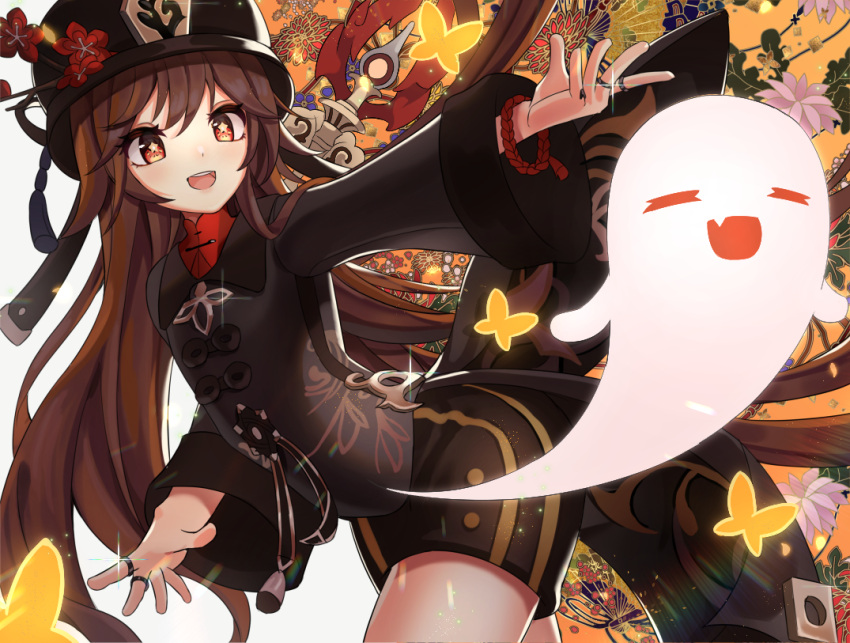 1girl :d bead_bracelet beads black_shorts bracelet brown_hair bug butterfly cappu chinese_clothes closed_eyes fang flower genshin_impact ghost hat hu_tao insect jewelry long_sleeves open_mouth outstretched_arm red_eyes ring shorts smile sparkle symbol-shaped_pupils twintails wide_sleeves