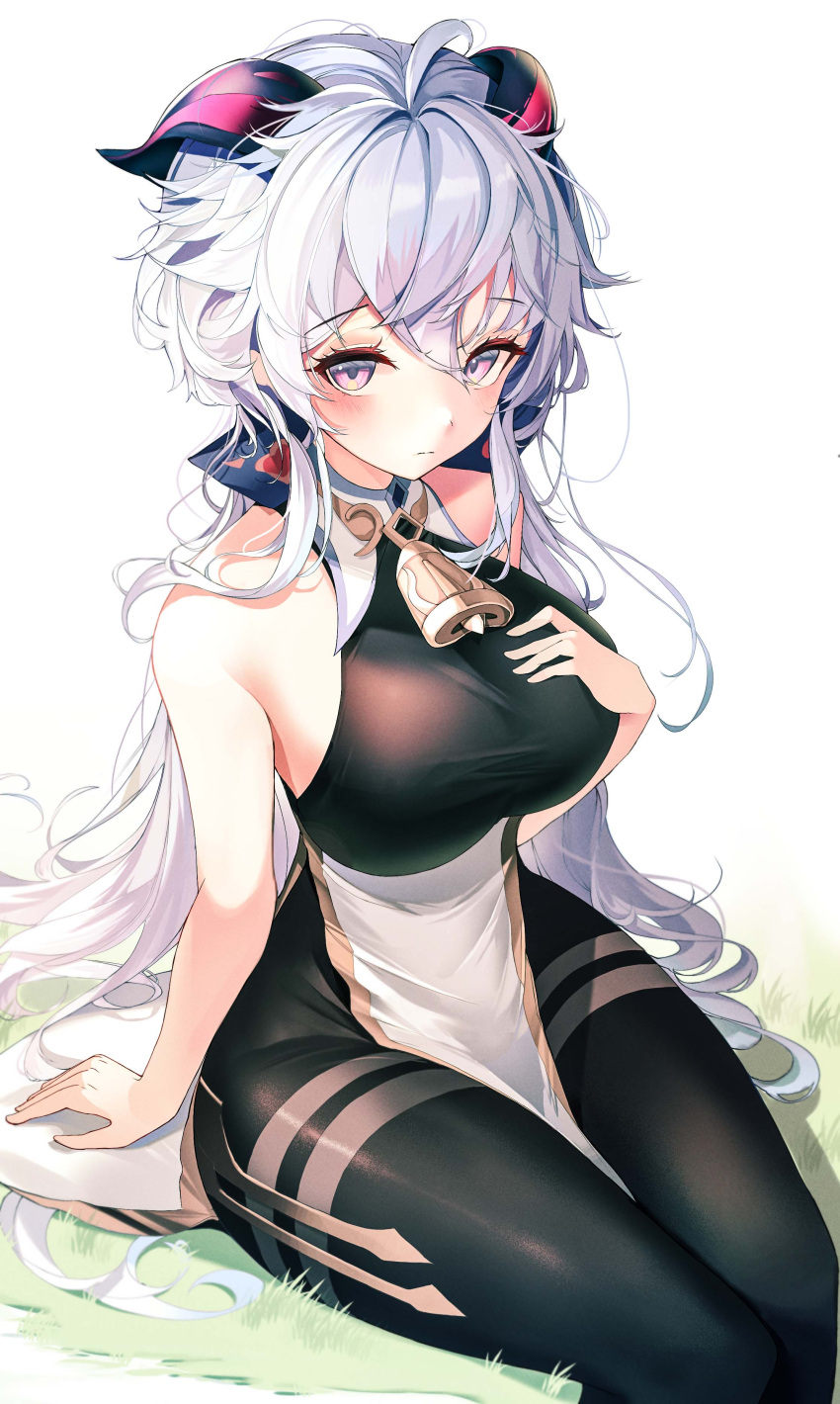 1girl absurdres ahoge ahr_tato bare_arms bare_shoulders black_legwear blonde_hair blush bow breasts ganyu_(genshin_impact) genshin_impact goat_horns grass hair_bow half-closed_eyes hand_on_own_chest highres horns large_breasts long_hair looking_at_viewer pantyhose sitting sleeveless solo thick_thighs thighs very_long_hair