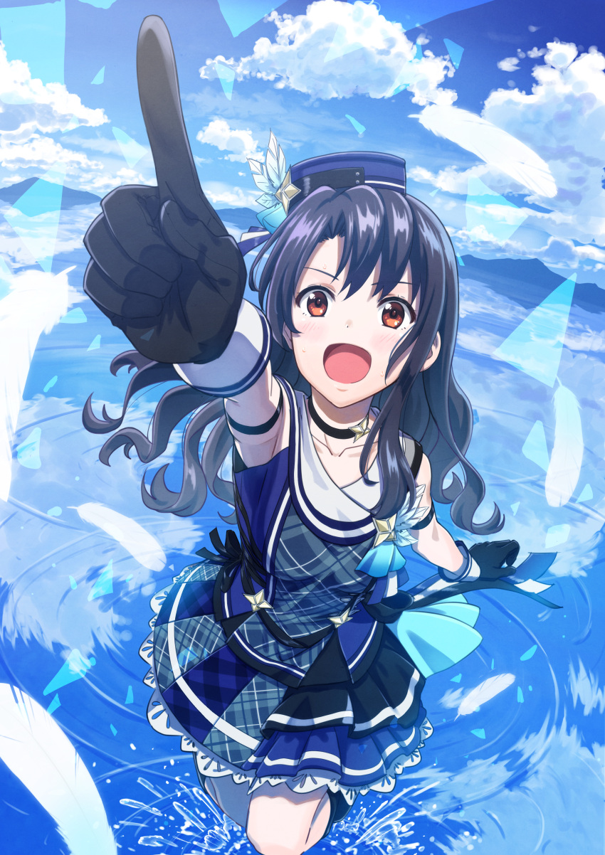 1girl absurdres bare_shoulders black_gloves black_hair blue_sky choker cloud cloudy_sky collarbone dress fisheye gloves hat highres idolmaster idolmaster_million_live! idolmaster_million_live!_theater_days long_hair looking_at_viewer open_mouth out_of_frame outdoors paatasu plaid plaid_dress pointing ripples sky smile solo takayama_sayoko water white_feathers