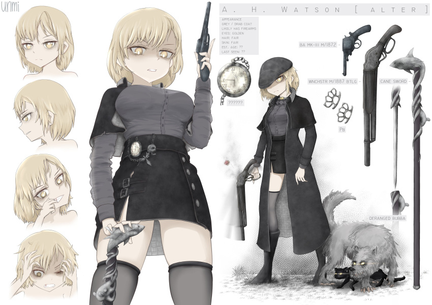 1girl alternate_costume alternate_eye_color artist_name black_coat black_headwear black_legwear black_skirt blonde_hair brass_knuckles breasts bubba_(watson_amelia) cane cane_sword cat character_profile character_sheet coat commentary dark_persona dog english_commentary english_text gun hat highres hololive hololive_english holomyth lever_action long_sleeves medium_breasts pocket_watch revolver shaded_face shark short_hair simple_background skirt thighhighs trench_coat trigger_discipline unmi714 virtual_youtuber watch watson_amelia weapon webley_revolver wellington_(watson_amelia) white_background winchester_model_1887 yellow_eyes zettai_ryouiki