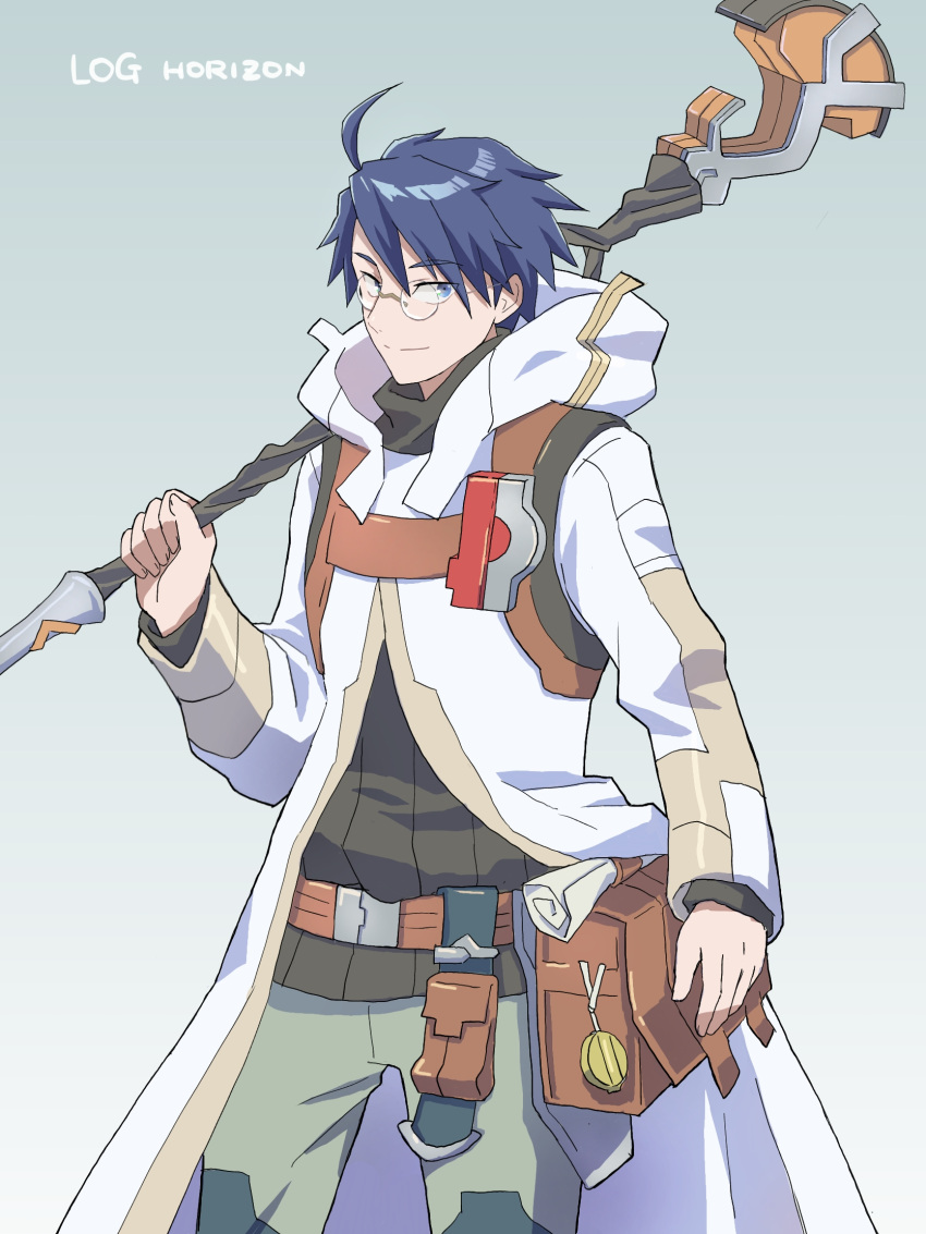 1boy ahoge belt_pouch black_shirt blue_eyes blue_hair copyright_name glasses grey_background highres holding holding_weapon hood hood_down light_smile log_horizon long_sleeves male_focus pants pouch robe scroll shiroe shirt simple_background solo staff standing tetena18 weapon