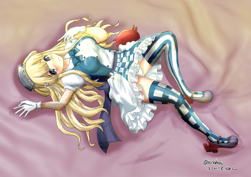 1girl blonde_hair breasts checkered checkered_legwear checkered_skirt cosplay double_bun fletcher_(kancolle) frilled_skirt frills gloves hair_ornament highres kantai_collection large_breasts long_hair michishio_(kancolle) michishio_(kancolle)_(cosplay) mismatched_legwear panties purple_eyes senon short_sleeves skirt solo star_(symbol) star_hair_ornament striped striped_legwear thighhighs underwear white_gloves white_panties