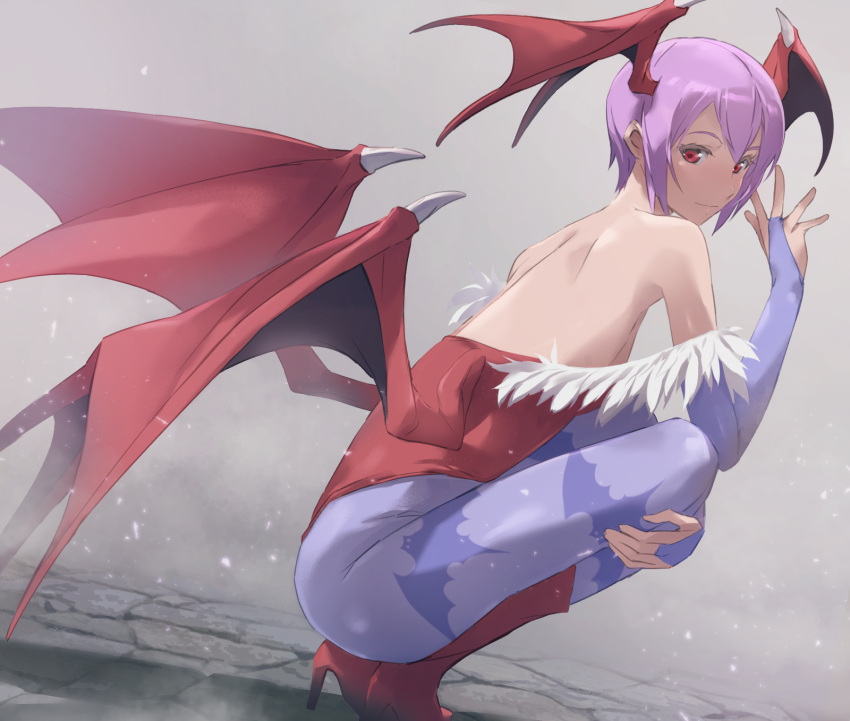 1girl akira_(coffee_curry) animal_print bangs bare_shoulders bat_print bat_wings blush breasts demon_girl detached_sleeves flat_chest head_wings high_heels highleg highleg_leotard highres leotard lilith_aensland looking_at_viewer low_wings print_legwear purple_hair purple_legwear red_footwear red_leotard short_hair smile squatting vampire_(game) wings