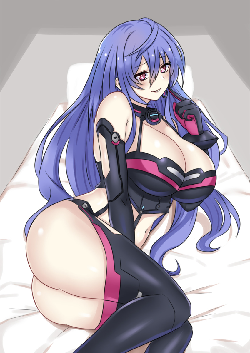 1girl black_gloves black_legwear blue_hair blush breasts earrings elbow_gloves gloves hair_over_one_eye highres iris_heart jewelry kami_jigen_game_neptune_v large_breasts long_hair looking_at_viewer lying navel neptune_(series) on_bed on_side open_mouth pink_eyes shadow solo symbol-shaped_pupils thighhighs zatsu