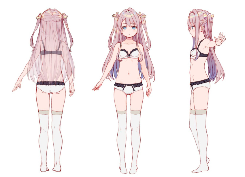 1girl arms_at_sides ass blue_eyes bow bra breasts closed_mouth eyebrows_visible_through_hair frilled_bra frilled_panties frills from_behind hair_bow long_hair looking_at_viewer multiple_views navel original outstretched_arms panties pigeon-toed pink_hair profile shirabi small_breasts spread_arms thighhighs two_side_up underwear underwear_only white_bra white_legwear white_panties yellow_bow