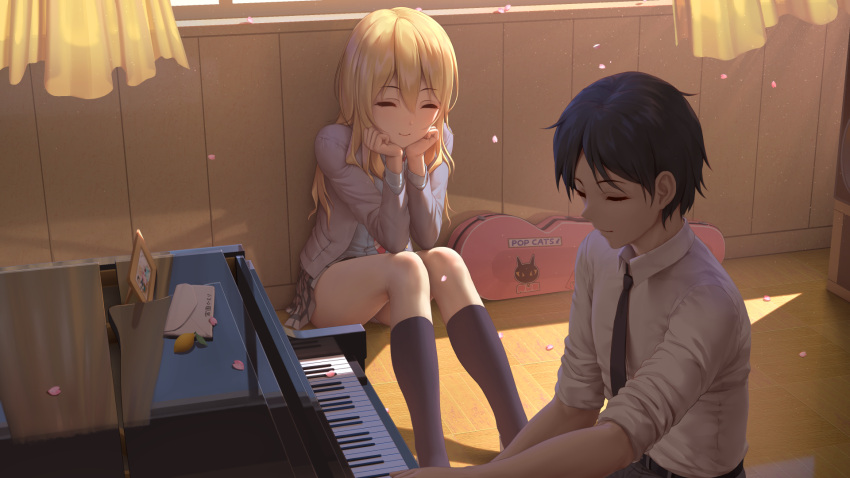 1boy 1girl black_hair black_legwear black_neckwear blazer blonde_hair closed_eyes collared_shirt commentary_request full_body hair_between_eyes happy highres himitsu_(hi_mi_tsu_2) indoors instrument jacket kneehighs knees_together_feet_apart knees_up legs listening_to_music long_hair miniskirt miyazono_kawori music necktie on_floor panties petals plaid plaid_skirt playing_instrument playing_piano pleated_skirt shigatsu_wa_kimi_no_uso shirt sitting skirt sleeves_folded_up smile thighs underwear upskirt white_panties white_shirt