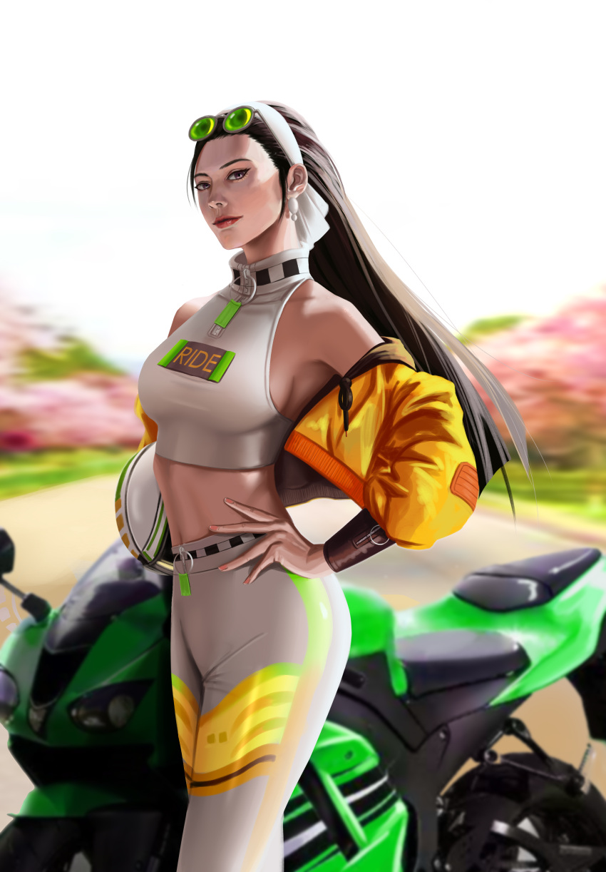 1girl absurdres blurry blurry_background booger_wang breasts brown_eyes clothes_writing collarbone crop_top cropped_jacket earrings eyeliner eyewear_on_head forehead green-tinted_eyewear ground_vehicle hair_pulled_back hairband halter_top halterneck helmet highres holding holding_helmet jacket jewelry kagura_chizuru lips long_hair looking_at_viewer makeup medium_breasts midriff motor_vehicle motorcycle motorcycle_helmet no_bra nose off_shoulder pants race_queen round_eyewear sideboob solo standing straight_hair sunglasses the_king_of_fighters tight tight_pants toned vambraces white_hairband yellow_jacket zipper_pull_tab