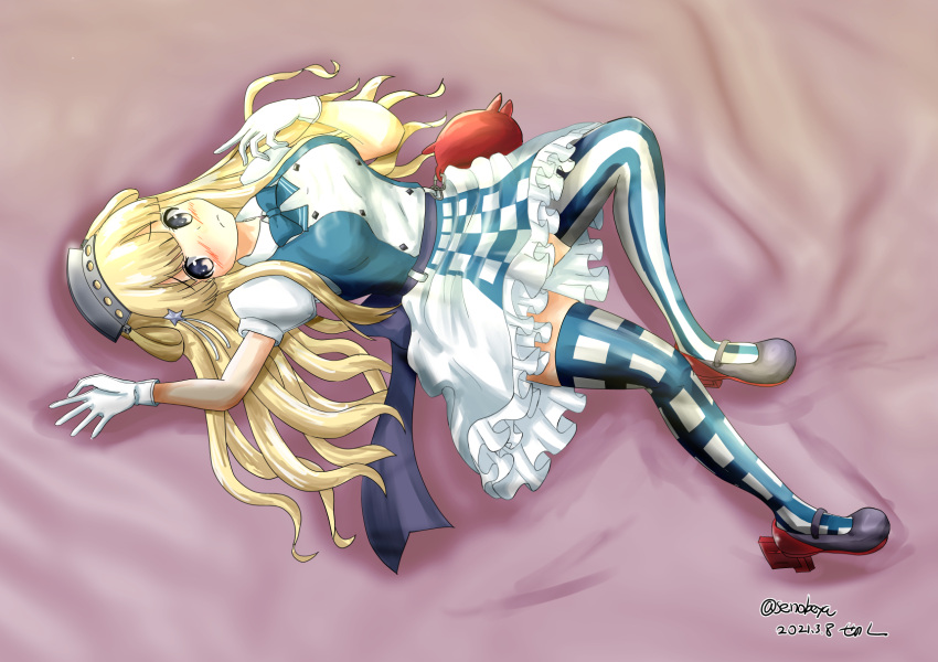 1girl blonde_hair breasts checkered checkered_legwear checkered_skirt cosplay double_bun fletcher_(kancolle) frilled_skirt frills gloves hair_ornament highres kantai_collection large_breasts long_hair michishio_(kancolle) michishio_(kancolle)_(cosplay) mismatched_legwear purple_eyes senon short_sleeves skirt solo star_(symbol) star_hair_ornament striped striped_legwear thighhighs white_gloves