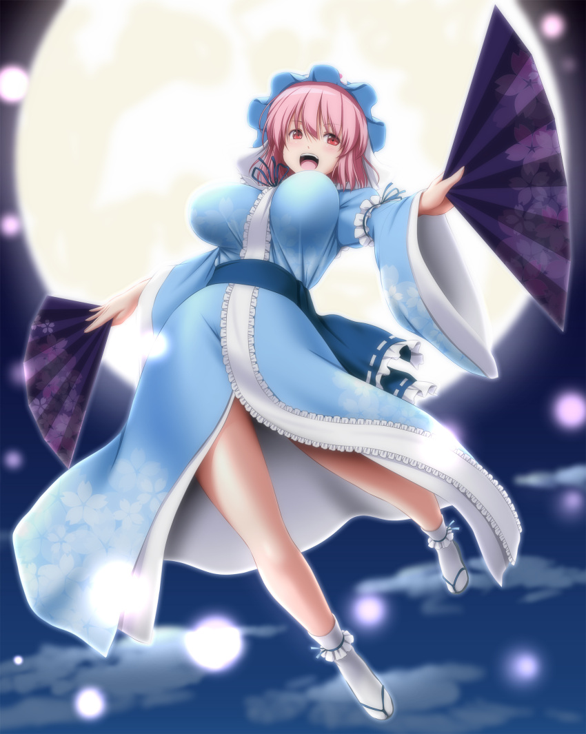 1girl :d backlighting bangs blue_kimono breasts cloud commentary fan floating folding_fan full_body full_moon hair_between_eyes hat highres japanese_clothes kimono large_breasts long_sleeves looking_at_viewer mob_cap moon nori_tamago open_mouth outstretched_arms pink_hair red_eyes saigyouji_yuyuko sandals sash short_hair smile solo tabi touhou white_legwear wide_sleeves