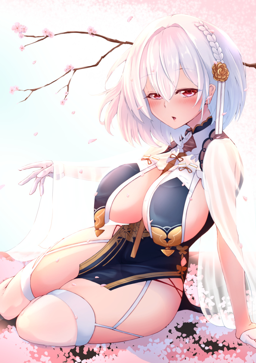 1girl azur_lane braid breasts cherry_blossoms china_dress chinese_clothes cleavage dress flower garter_straps gloves grey_dress hair_between_eyes hair_flower hair_ornament half_gloves highres large_breasts looking_at_viewer m-bon_(karakuriyudo) neckwear_between_breasts official_alternate_costume pelvic_curtain red_eyes revealing_clothes see-through_sleeves sheer_clothes short_hair side_braid sirius_(azur_lane) sirius_(azure_horizons)_(azur_lane) skindentation solo tree_branch two-tone_leotard white_gloves white_hair white_legwear