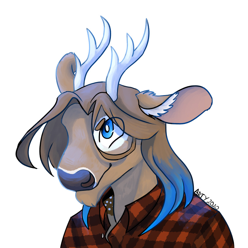 1:1 absurd_res alpha_channel anthro antlers artyaardvark_(artist) blonde_hair blue_eyes blue_hair brown_body brown_fur cervid clothing fur gavin_walkers hair head_shot head_shot_portrait hi_res highlights_(coloring) horn inner_ear_fluff male mammal pattern_clothing pattern_topwear plaid plaid_clothing plaid_topwear solo spots_(marking) topwear tuft