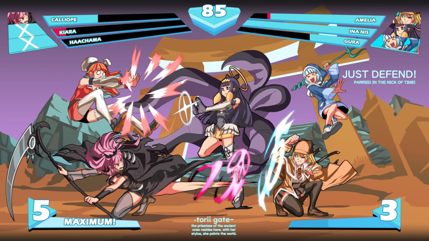 &gt;_&lt; 5girls animal_hood architecture asymmetrical_gloves bangs bare_shoulders black_dress black_gloves black_legwear blocking blonde_hair blue_eyes blue_hair blue_hoodie blunt_bangs breasts brown_footwear capelet cleavage cloak cody's_art commentary detached_sleeves detective dress east_asian_architecture english_commentary english_text fighting fighting_game flat_chest fur_collar gawr_gura gloves gradient_hair green_hair grey_legwear hair_ornament halo hat headpiece health_bar highres hololive hololive_english holomyth hood hoodie kicking kneeling large_breasts loafers long_hair long_sleeves low_wings medium_breasts mismatched_sleeves monocle_hair_ornament mori_calliope multicolored_hair multiple_girls necktie ninomae_ina'nis o_o okobo one_eye_closed open_mouth orange_hair pink_eyes pink_hair plaid plaid_skirt pointy_ears polearm purple_hair red_neckwear scythe sharp_teeth shirt shoes short_hair shrine sidelocks single_thighhigh skirt skull smile sneakers spikes strapless strapless_dress takanashi_kiara teeth tentacle_hair tentacles thighhighs tiara torii trident virtual_youtuber watson_amelia weapon white_legwear white_shirt wide_sleeves wings zettai_ryouiki