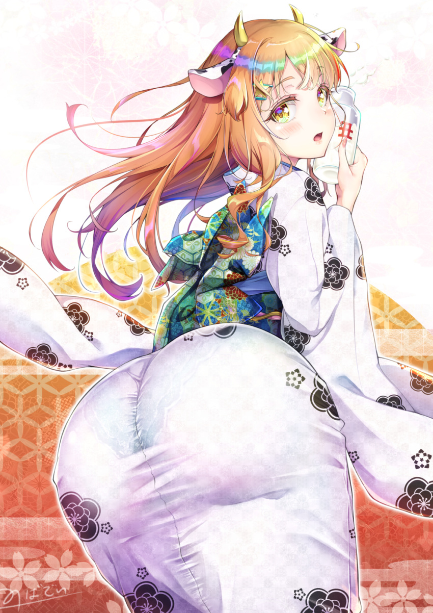 1boy animal_ears ass blush bottle chinese_zodiac cow_ears cow_girl crossdressing highres japanese_clothes kimono long_hair looking_back milk milk_bottle natsusora_wakana nobady orange_hair original otoko_no_ko solo year_of_the_ox yellow_eyes