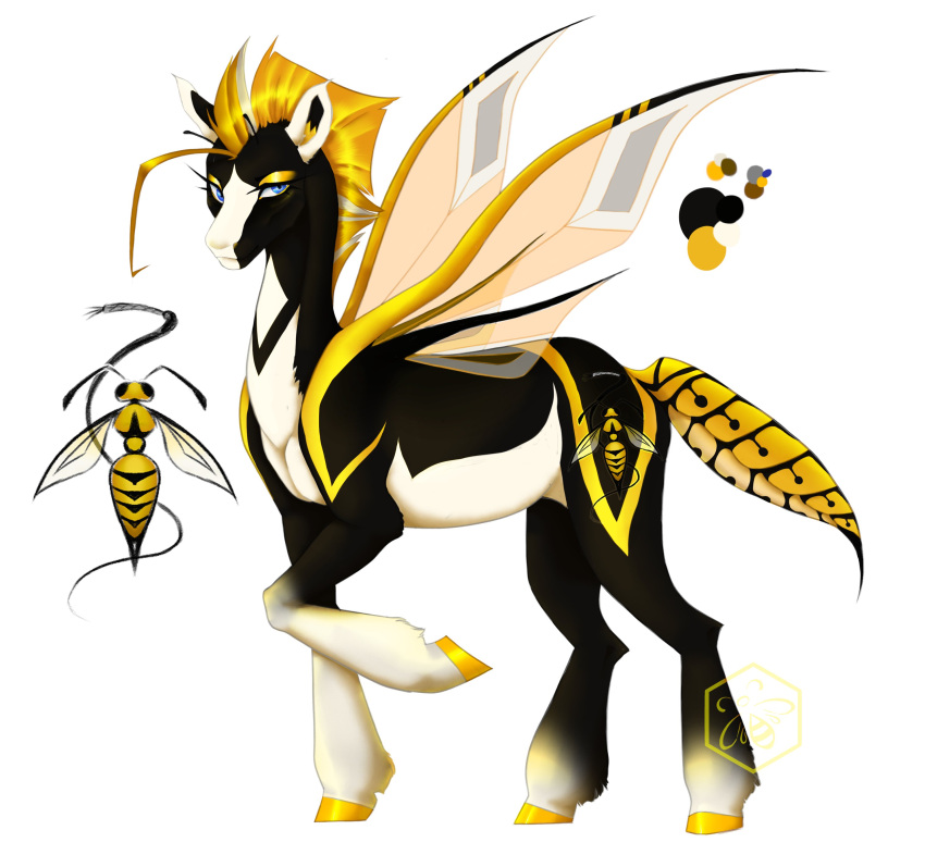 absurd_res arthropod black_body blonde_hair blue_eyes bumblewish_(artist) equid equine female feral hair hasbro hi_res horse hymenopteran insect mammal my_little_pony pony serious serious_face sharpstep_(bumblewish) solo stinger tattoo wasp white_body wings