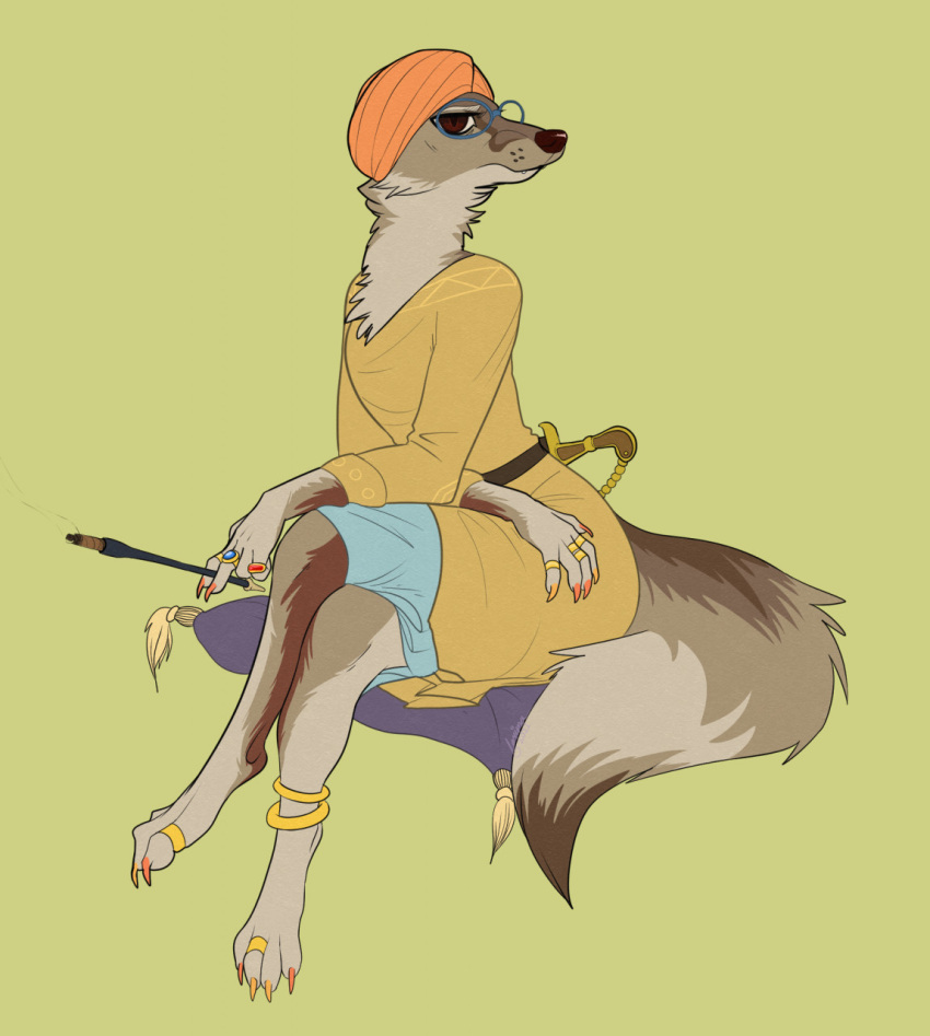 2021 4_toes 5_fingers ambiguous_gender anthro arjun bengal_fox brown_eyes brown_nose canid canine clothed clothing eyewear feet ferima fingers fox glasses green_background hi_res mammal ring simple_background toes trans_(lore) trans_man_(lore)