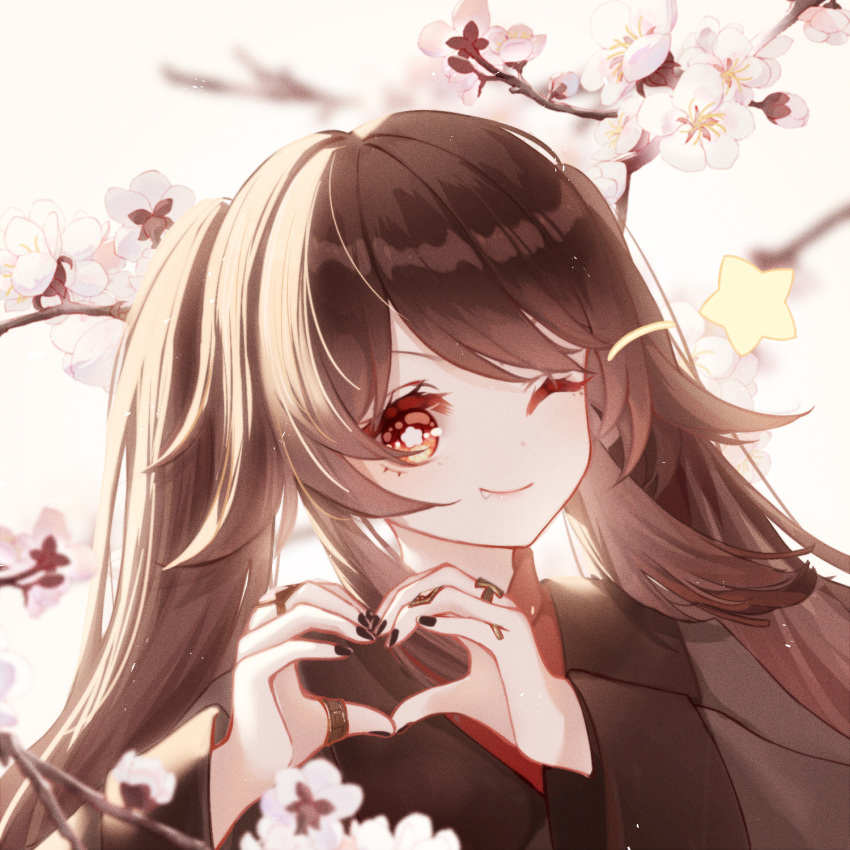 1girl bangs black_nails black_shirt brown_hair chinese_clothes flower genshin_impact heart heart_hands highres hu_tao long_hair looking_at_viewer morh multiple_rings nail_polish one_eye_closed plum_blossoms red_eyes shirt smile solo star-shaped_pupils star_(symbol) symbol-shaped_pupils twintails