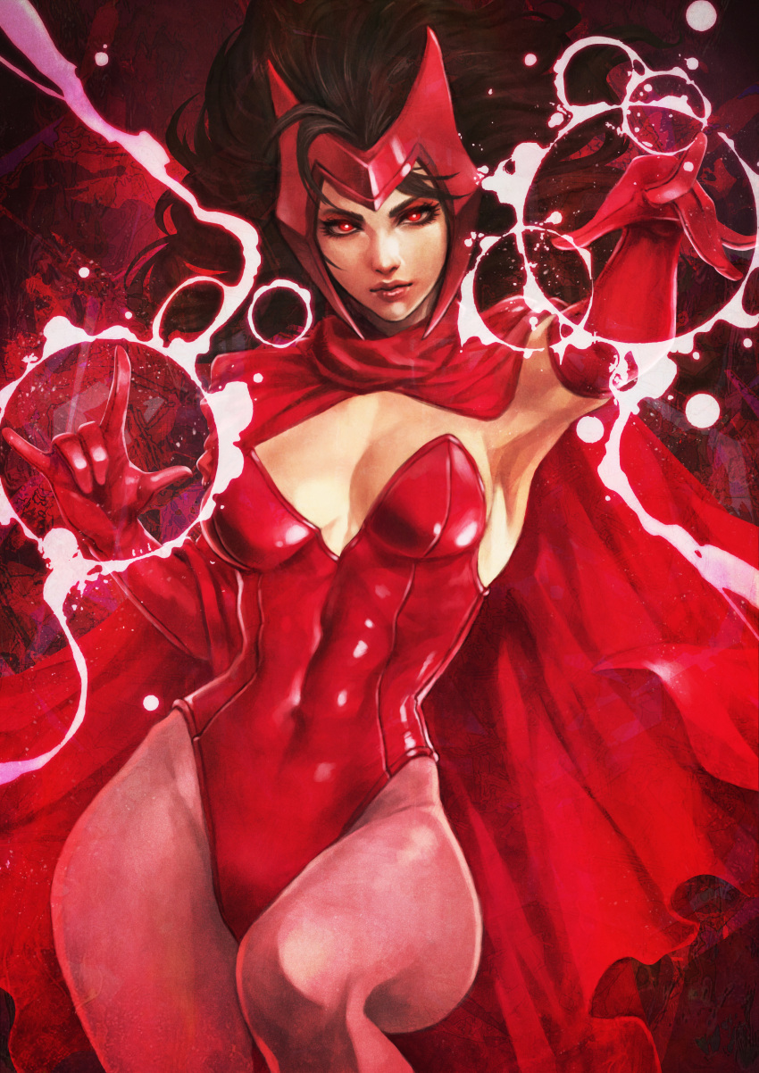 1girl \n/ absurdres armpits black_hair breasts cape cleavage covered_abs elbow_gloves english_commentary floating_hair gloves glowing glowing_eyes headpiece highres leotard long_hair magic makeup marvel mascara medium_breasts monori_rogue pantyhose pink_legwear pointing pointing_forward red_cape red_eyes red_gloves red_leotard red_theme scarlet_witch shiny shiny_clothes skin_tight solo strapless strapless_leotard superhero wanda_maximoff