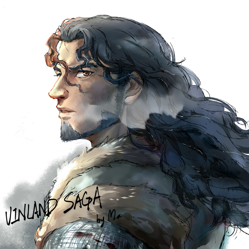 1boy absurdres asakawamatsuki beard black_hair brown_eyes facial_hair fur highres long_hair looking_at_viewer male_focus portrait solo_focus thors viking vinland_saga wavy_hair white_background