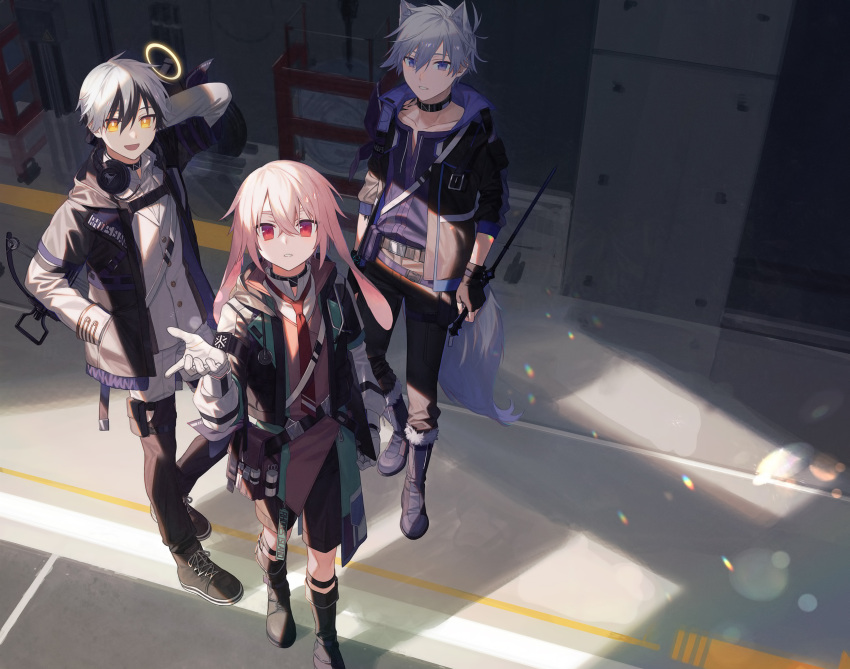 adnachiel_(arknights) all_male angel animal_ears ansel_(arknights) arknights boots bunny_ears cropped gloves gray_hair halo headphones ji_mag long_hair male pink_eyes pink_hair purple_eyes short_hair steward_(arknights) tail yellow_eyes