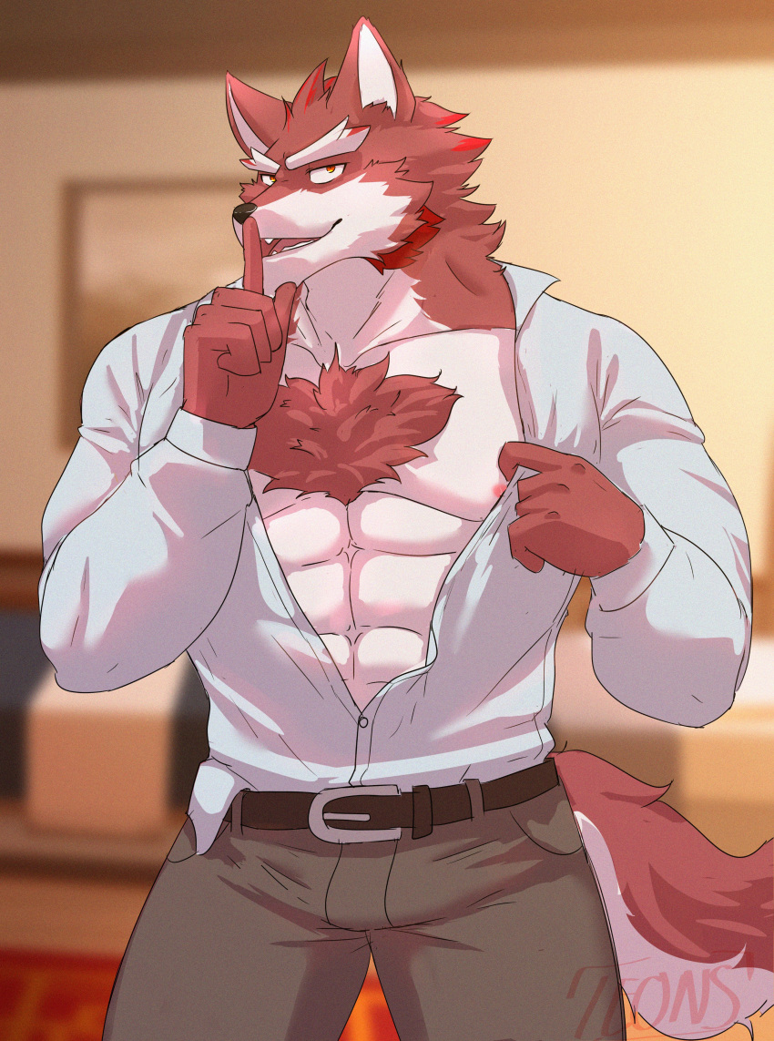 abs absurd_res anthro body_hair canid canine chest_hair chest_tuft clothed clothing diederich_olsen_(knights_college) fur hi_res knights_college looking_at_viewer male mammal nipple_slip nipples open_clothing open_shirt open_topwear partially_clothed red_body red_fur shirt solo teacher theleonsdoodles topwear tuft