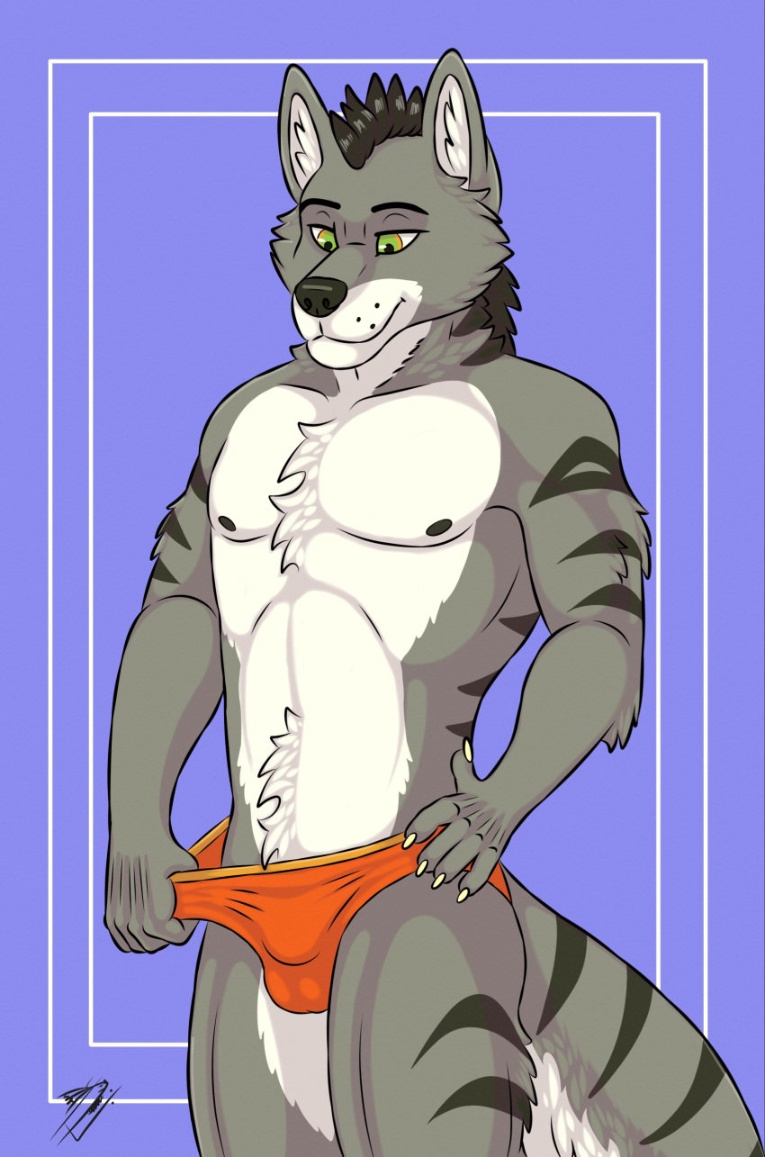 absurd_res anthro bulge canid canine canis clothing drekkor_wolfsoul_(drekkorwolfsoul) drekkorwolfsoul hi_res hybrid male mammal solo underwear wolfdog