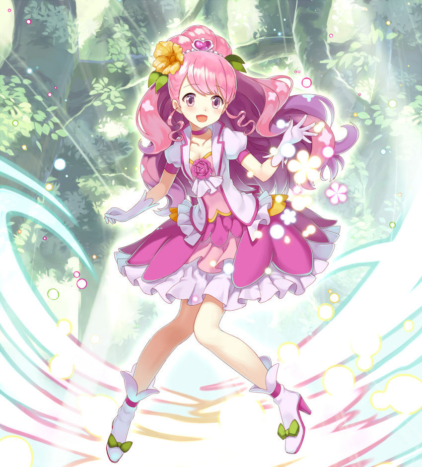 1girl :d absurdres boots buntan choker commentary_request cure_grace dress earrings flower gloves hair_flower hair_ornament hanadera_nodoka happy healin'_good_precure high_heel_boots high_heels highres jacket jewelry long_hair looking_at_viewer magical_girl open_mouth pink_choker pink_dress pink_eyes pink_hair pink_jacket pink_skirt pleated_skirt ponytail precure puffy_short_sleeves puffy_sleeves short_sleeves skirt smile solo white_gloves