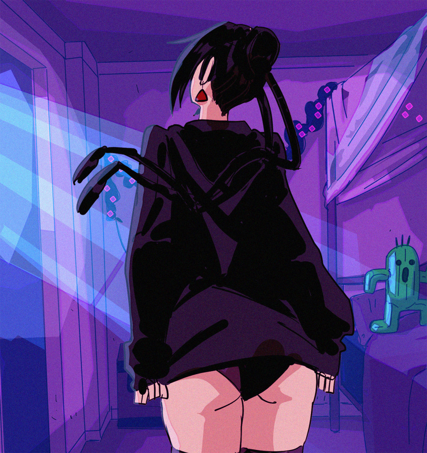 1girl alternate_costume ass black_hair casual davecavedraws dressing earrings final_fantasy final_fantasy_x from_behind hair_bun highres hood hood_down hoodie hoodie_pull jewelry long_hair lulu_(ff10) no_pants panties pulled_by_self purple_legwear purple_panties sabotender sleeves_past_wrists solo standing thighhighs triangle_earrings underwear