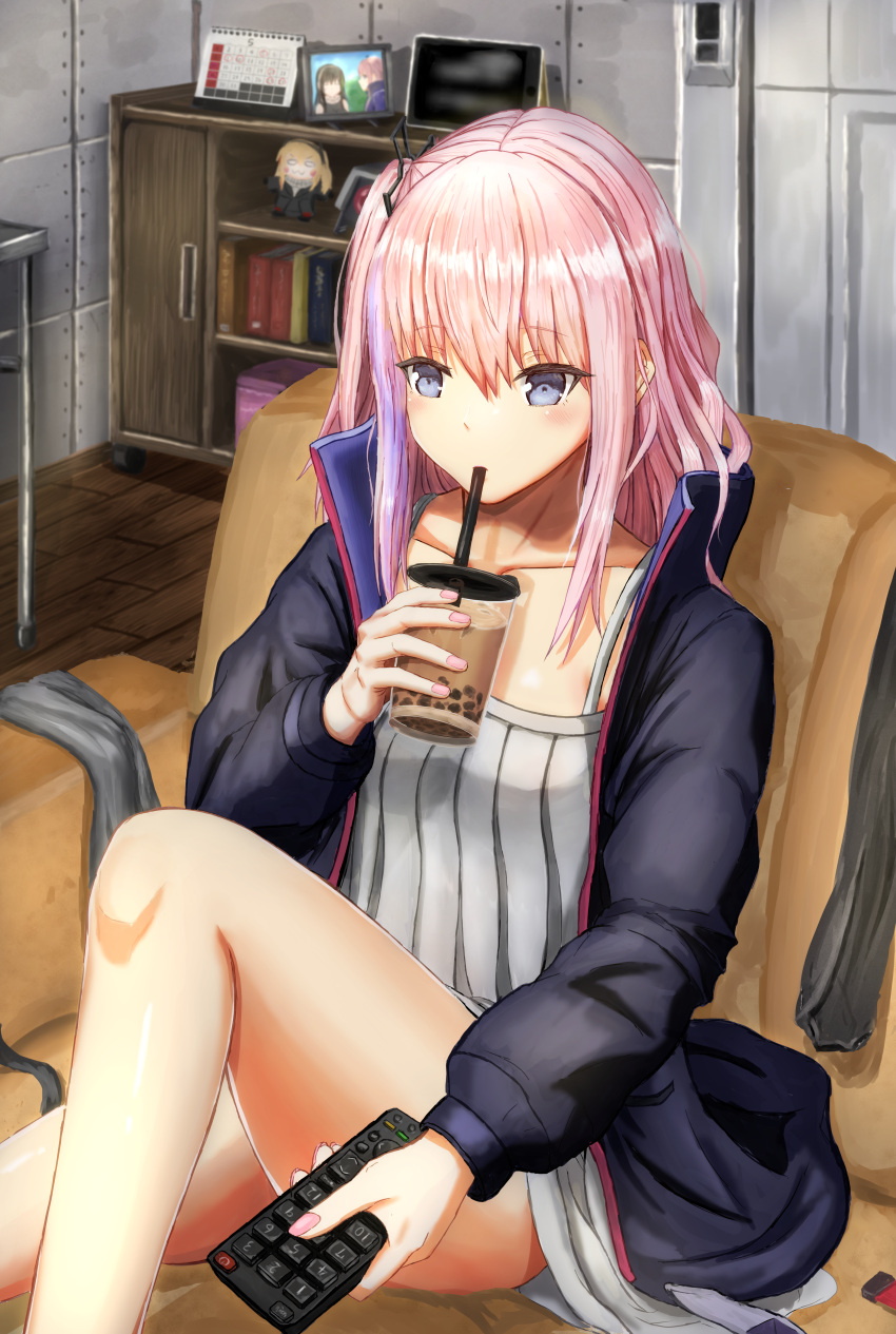 1girl absurdres black_jacket blue_eyes bubble_tea collarbone controller cup dinergate_(girls_frontline) disposable_cup dress drinking drinking_straw fusou_(fuso0205) girls_frontline highres holding holding_cup huge_filesize indoors jacket long_hair long_sleeves m4_sopmod_ii_jr m4a1_(girls_frontline) multicolored_hair pink_hair pink_nails purple_hair remote_control sitting solo st_ar-15_(girls_frontline) streaked_hair white_dress