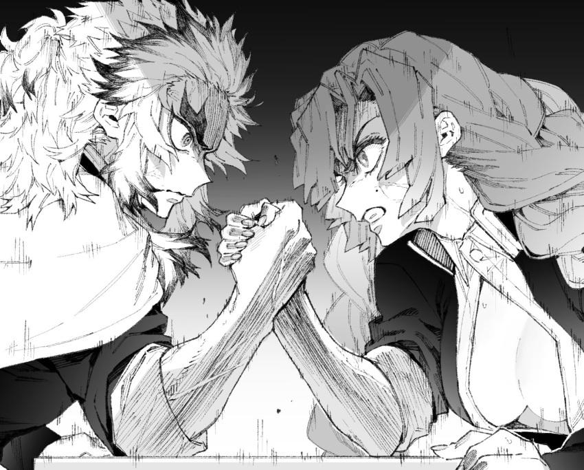 1boy 1girl arm_wrestling braid breasts cape chouonsoku-jiisan cleavage clenched_teeth gradient gradient_background highres kanroji_mitsuri kimetsu_no_yaiba long_hair mole mole_under_eye monochrome partially_unbuttoned rengoku_kyoujurou teeth