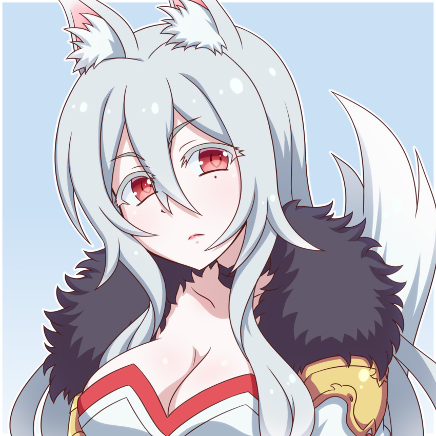 1girl animal_ear_fluff animal_ears bangs breasts choker cleavage expressionless fox_ears fox_girl fox_tail head_tilt highres long_hair mana_senri_(princess_connect!) medium_breasts mole mole_under_eye princess_connect! princess_connect!_re:dive red_eyes sidelocks silver_hair solo tail very_long_hair yosuzu