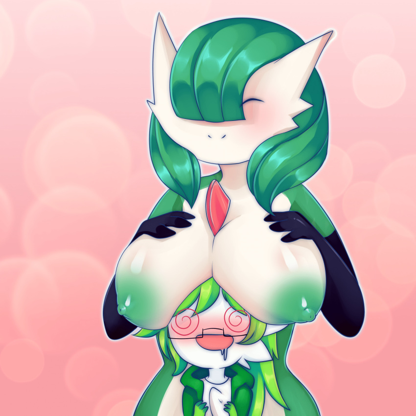 1:1 age_difference big_breasts blush bodily_fluids boob_hat breast_rest breasts chibi clothing drooling duo eyes_closed female gardevoir green_body green_hair green_nipples hair hand_on_breast hi_res hoodie huge_breasts humanoid humanoid_on_humanoid male male/female mature_female nintendo nipples not_furry older_female pink_background pok&eacute;mon pok&eacute;mon_(species) red_spikes saliva simple_background smile spiral_eyes topwear video_games white_body yamikoneko younger_male