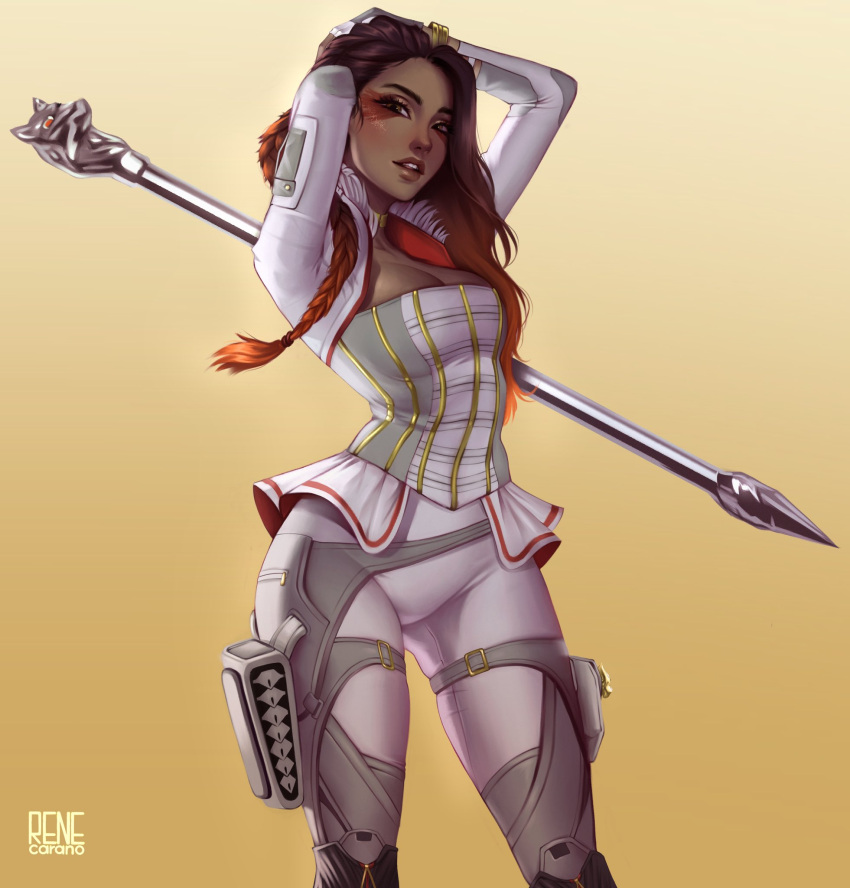 1girl apex_legends artist_name boots braid breasts brown_hair cleavage corset cropped_jacket dark_skin dark_skinned_female eyeshadow gradient gradient_background gradient_hair hand_on_head highres jacket large_breasts loba_(apex_legends) makeup multicolored_hair open_mouth orange_hair pants red_eyeshadow rene_carano solo staff thigh_boots thighhighs twin_braids weapon weapon_on_back white_jacket white_pants