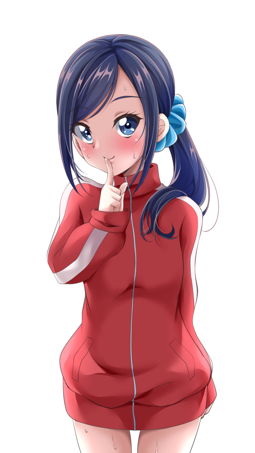 1girl blue_eyes blue_hair blush commentary_request eyelashes finger_to_mouth happy healin'_good_precure highres jacket long_hair looking_at_viewer precure red_track_suit s-operator sawaizumi_chiyu side_ponytail simple_background smile solo standing sweat track_jacket track_suit white_background