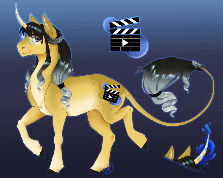 black_hair bumblewish_(artist) curled_hair curled_tail equid equine eyewear female feral glasses hair hasbro hi_res horn horse long_tail mammal my_little_pony pony solo unicorn_horn yellow_body