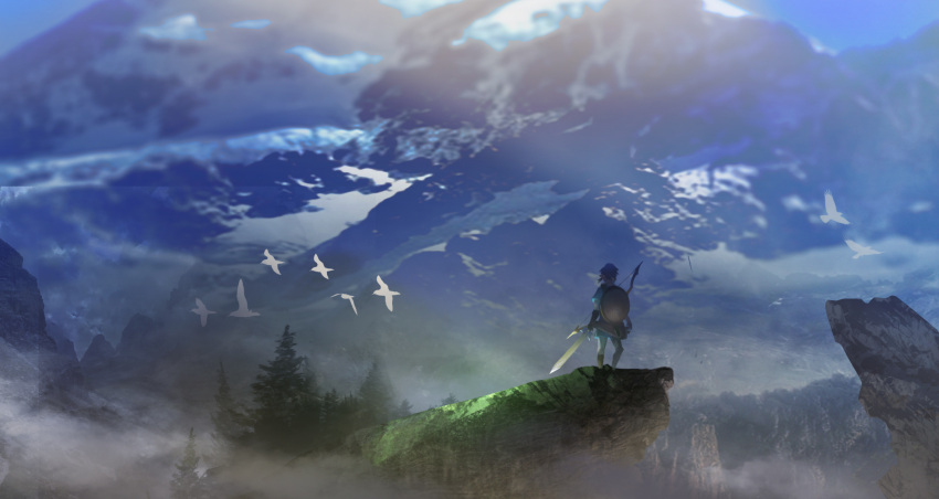 1boy animal bird blue_shirt bow_(weapon) brown_hair commentary_request day fingerless_gloves flying fog forest from_behind gloves highres holding holding_sword holding_weapon link male_focus master_sword matcho mountain nature outdoors scenery shield shirt solo standing sword the_legend_of_zelda the_legend_of_zelda:_breath_of_the_wild tree weapon