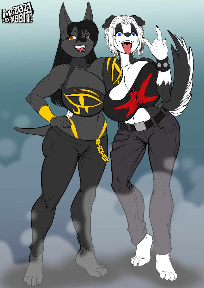 absurd_res anthro anubian_jackal big_breasts black_body black_fur black_hair blue_eyes border_collie bottomwear breasts brown_eyes canid canine canis cleavage clothed clothing collie curvy_figure digital_media_(artwork) domestic_dog duo egyptian english_text female female/female fingers fur hair herding_dog hi_res huge_breasts jackal legwear long_hair looking_at_viewer mammal max_blackrabbit melinda_pastor_(lildredre) midsection navel open_mouth pastoral_dog rachael_wilde_(lildredre) sheepdog shirt simple_background smile standing tank_top teeth text thong thong_straps tongue tongue_out topwear underwear voluptuous white_body white_fur white_hair wide_hips wristband