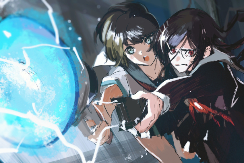 2girls arm_up bangs blush brown_eyes brown_hair collarbone danganronpa_(series) danganronpa_another_episode:_ultra_despair_girls electricity english_commentary fukawa_touko glasses highres holding holding_megaphone kakeami long_hair long_sleeves megaphone multiple_girls naegi_komaru open_mouth sailor_collar school_uniform serafuku shirt short_hair short_sleeves skirt smile taser upper_teeth