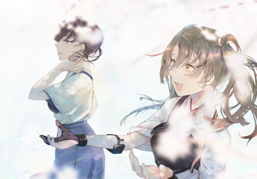 2girls bangs blue_hakama branch brown_hair eyebrows_visible_through_hair gloves grey_hair hair_between_eyes hair_ribbon hakama highres japanese_clothes kaga_(kancolle) kantai_collection kouga_(mutsumi) long_hair multiple_girls muneate open_mouth partially_fingerless_gloves petals ponytail ribbon single_glove smile tasuki twintails yellow_eyes yugake zuikaku_(kancolle)