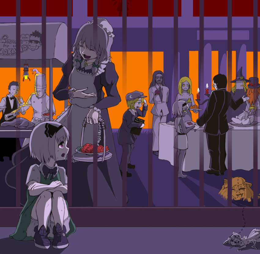 4girls 6+boys ^^^ alice_margatroid androgynous ant asatsuki_(cookie) atouda_ako_(character) bald bangs barefoot basket black_bow black_dress black_hairband black_headwear black_jacket black_neckwear black_pants black_ribbon black_vest blonde_hair blouse bow braid bug cabbie_hat candle chef_hat chef_uniform closed_eyes closed_mouth collared_blouse commentary_request cookie_(touhou) double-breasted dress eating eska_(cookie) extra_arms eyebrows_visible_through_hair fence fidget_spinner fire flower fork formal full_body genpatsu_(cookie) green_bow green_skirt green_vest grey_hair hair_between_eyes hairband hat hazuna_rio highres hisaka_(cookie) holding holding_basket holding_plate ichigo_(cookie) insect izayoi_sakuya jacket jyu_(cookie) kansai_claimer_(inmu) kirisame_marisa konpaku_youmu lazy_eye long_hair looking_at_another looking_back looking_to_the_side maid manatsu_no_yo_no_inmu medium_hair miura_meat multiple_boys multiple_girls nakano_(inmu) necktie night open_mouth orange_hair outdoors pants plate purple_eyes red_flower rei_(cookie) remilia_scarlet ribbon rose sarashi short_hair sitting skirt sleeveless sleeveless_dress smile standing suit table tongs touhou tsuno_(nicoseiga11206720) twin_braids very_short_hair vest white_blouse white_jacket white_sleeves witch_hat yellow_eyes