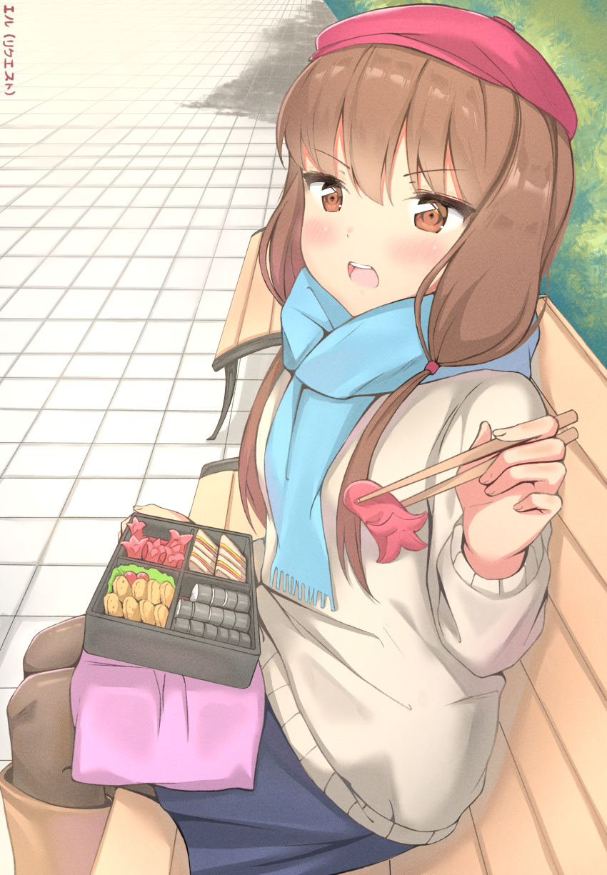 1girl absurdres bangs bench blue_scarf blush brown_eyes brown_hair chopsticks commentary_request eru_(aeeu2243) eyebrows_visible_through_hair food from_side highres holding holding_chopsticks iino_miko kaguya-sama_wa_kokurasetai_~tensai-tachi_no_renai_zunousen~ long_hair long_sleeves looking_at_viewer low_twintails obentou open_mouth outdoors pink_headwear scarf sitting skirt sleeves_past_wrists solo twintails upper_teeth