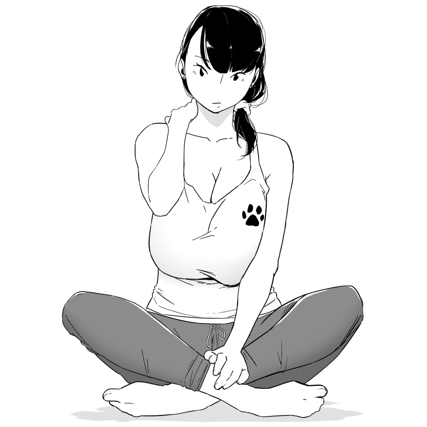1girl absurdres barefoot black_hair breasts cleavage crossed_legs grey_pants hand_up highres huge_breasts ibnu_rusydi long_hair mba_din original pants ponytail shadow shirt simple_background solo white_background white_shirt