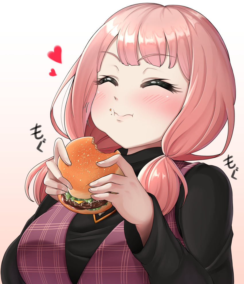 1girl :i ^_^ absurdres bang_dream! bangs black_sweater blunt_bangs blush breasts carmen_(user_fyvs3542) check_commentary closed_eyes closed_mouth commentary_request dress eating eyebrows_visible_through_hair food food_on_face foodgasm gradient gradient_background hamburger heart highres holding holding_food jewelry large_breasts long_sleeves low_twintails necklace pink_background pink_hair plaid plaid_dress purple_dress sidelocks smile solo sweater taut_sweater twintails uehara_himari upper_body